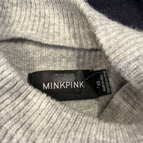 MINKPINK Stripe Me Up Sweater Dress Mini Puff Sleeve Navy Gray Pink Oversized XS - Picture 5 of 10